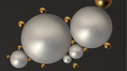 Trendy abstract poster with abstract 3d spheres on soft dark background. Vector concept with modern pattern. Abstract 3d geometric background.