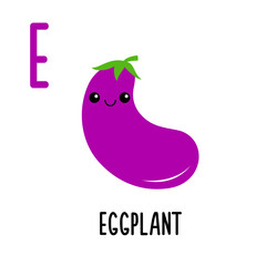 Letter E Eggplant. Animal and food alphabet for kids. Cute cartoon kawaii English abc. Funny Zoo Fruit Vegetable learning. Education cards. Isolated. Flat design. White background.