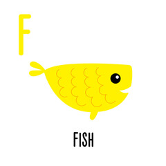 Letter F Fish. Animal and food alphabet for kids. Cute cartoon kawaii English abc. Funny Zoo Fruit Vegetable learning. Education cards. Isolated. Flat design. White background.
