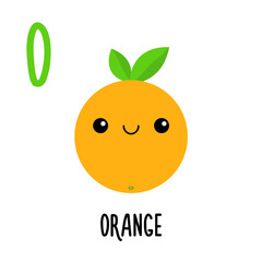 Letter O Orange. Animal and food alphabet for kids. Cute cartoon kawaii English abc. Funny Zoo Fruit Vegetable learning. Education cards. Isolated. Flat design. White background.
