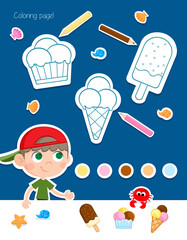 Little boy and ice cream - Summer holidays - Coloring page for preschool and school kids