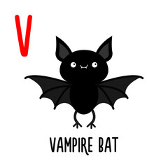Letter V Vampire bat. Animal and food alphabet for kids. Cute cartoon kawaii English abc. Funny Zoo Fruit Vegetable learning. Education cards. Isolated. Flat design. White background.