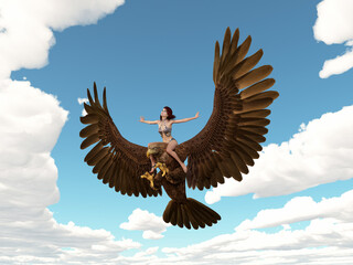 Frau auf riesigem fliegenden Steinadler am Himmel