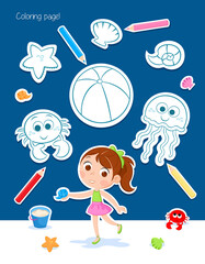 Summer fun - Little girl on the beach - Coloring page - Lovely educational game for preschool and school children