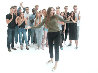 Fototapeta premium young woman standing in front of her friends team