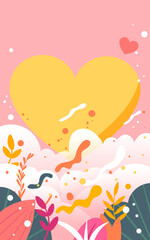 Boy woos girl on Valentine's day with clouds and hearts in the background, vector illustration