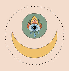 A crescent moon and a magical amulet in the form of an eye in the boho style. Eye from the evil eye in doodle style with patterns. Vector illustration