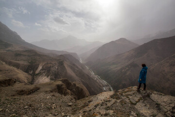 Fototapeta premium a tourist girl in the mountains of North Ossetia. Caucasus