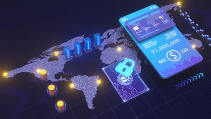 Secure Cross-border Payments Concept. Fingerprint access pay by credit card via electronic wallet wirelessly on phone. Internet banking protection of wireless payment purchases smartphone. 3d render