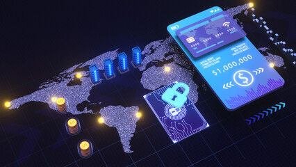 Secure Cross-border Payments Concept. Fingerprint access pay by credit card via electronic wallet wirelessly on phone. Internet banking protection of wireless payment purchases smartphone. 3d render