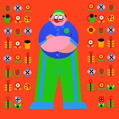 vector illustration of a cartoon flat male character of a gardener surrounded by stylized simplified design of gardening tools, plants and vegetables against the orange background