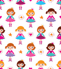 Seamless cute pattern with little girls for kids textile, wallpapers, gift wrap, scrapbook, birthday party, Invitation. Sketch for your design. Vector