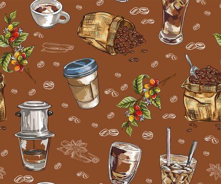 Cafe seamless pattern or background set. Vector seamless scene with paper coffee cup, coffee tree branch, caphe phin. Coffee shop background for wallpaper or wrappers.