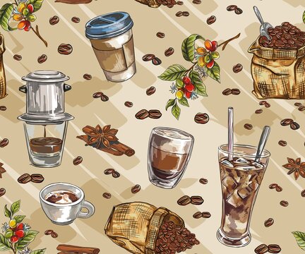 Cafe seamless pattern or background,  coffee tree branch, caphe phin. Vector seamless scene with paper coffee cup, Coffee shop background for wallpaper or wrappers.
