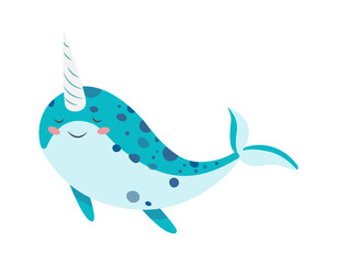 Cartoon Underwater Animal whale unicorn. Vector illustration