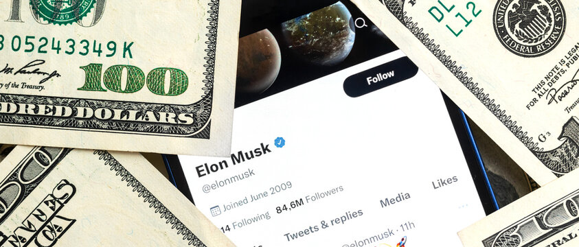 Banner Elon Musk Twitter account and money background. Business and stock concept photo