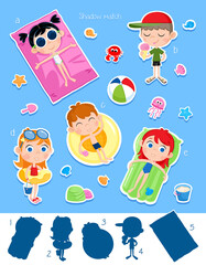 Summer on the beach - Happy kids - Matching game - Activity page for preschool and school kids