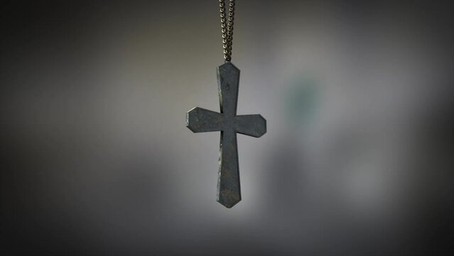 High quality close up render of a plain tarnished pewter Christian Crucifix artifact swinging slowly on the end of a neck chain, with super shallow depth of field abd bokeh background