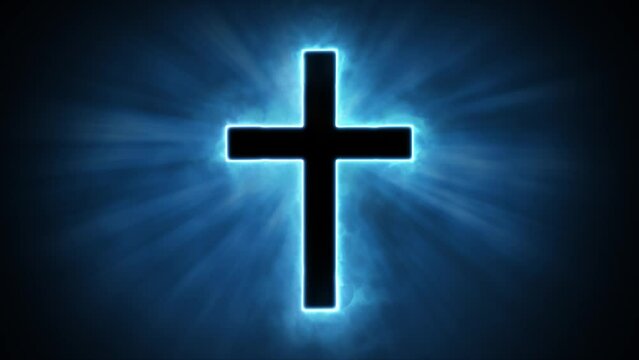Uplifting and deeply inspiring reveal animation of a plain classic holy blue Christian crucifix cross, in a smoky mystical glow and emating shining God rays and light beams, on a black background