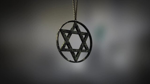 High quality close up render of a polished marble circular Star of David pendant, swinging slowly on the end of a neck chain, with super shallow depth of field abd bokeh background
