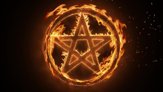 Exciting and highly emotive reveal animation of the pagan pentacle symbol in a circle, in roaring flames, burning embers and sparks, on a smokey, glowing black background