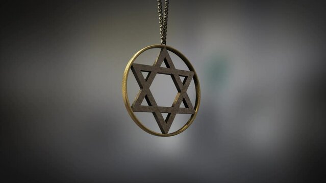 High quality close up render of a shiny gold circular Star of David pendant, swinging slowly on the end of a neck chain, with super shallow depth of field abd bokeh background