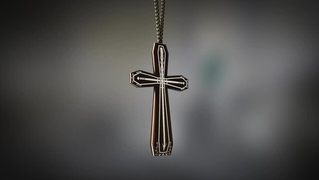 High quality close up render of a beautiful wooden with silver inlay Christian Crucifix artifact swinging slowly on the end of a neck chain, with super shallow depth of field abd bokeh background