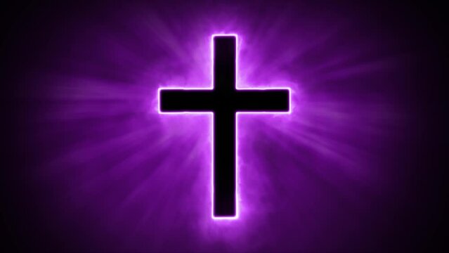 Uplifting and deeply inspiring reveal animation of a plain classic purple holy Christian crucifix cross, in a smoky mystical glow and emating shining God rays and light beams, on a black background