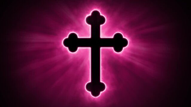 Uplifting and deeply inspiring reveal animation of an ornate and holy red Christian crucifix cross, in a smoky mystical glow and emating shining God rays and light beams, on a black background