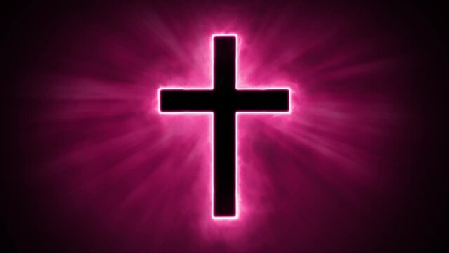 Uplifting and deeply inspiring reveal animation of a plain classic red holy Christian crucifix cross, in a smoky mystical glow and emating shining God rays and light beams, on a black background