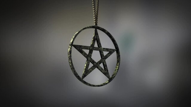 High quality close up render of a polished carved marble circular pentacle amulet, swinging slowly on the end of a neck chain, with super shallow depth of field abd bokeh background