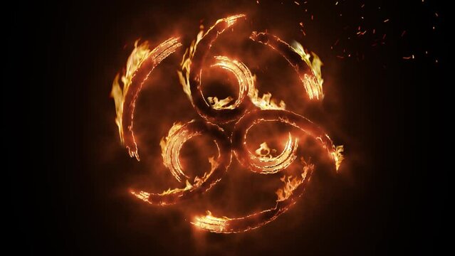 Exciting and highly emotive reveal animation of the Devil's 666 sigil emblem, in roaring flames, burning embers and sparks, on a smokey, glowing black background