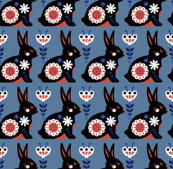 Ethnic folk rabbit flower ornament pattern
