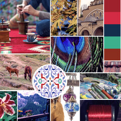 A creative themed mood board with inspiring color gradients in blues, browns and reds. Oriental...