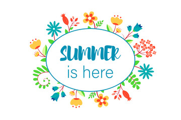 Summer is here. Background pattern with flowers and calligraphy. illustration.
