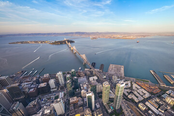 Aerial cityscape view of San Francisco skyline and Bay Bridge