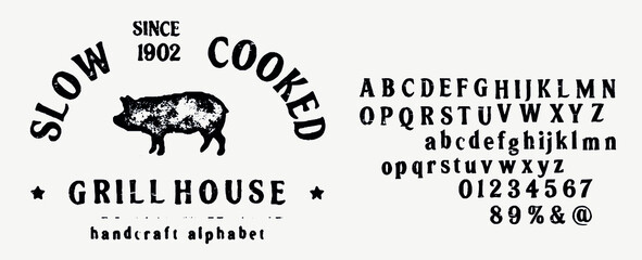 Custom handwritten alphabet. Retro textured hand drawn typeface with grunge effect. Vector illustration. Letters and Numbers.