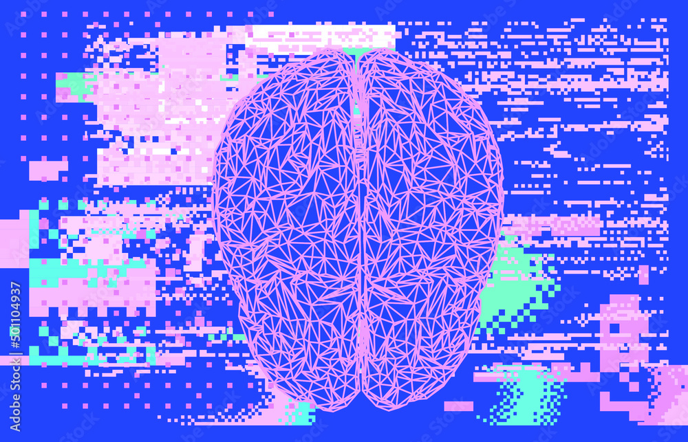 Poster 3d illustration of a low-poly brain on a glitched and pixelated background. concept of the artificia