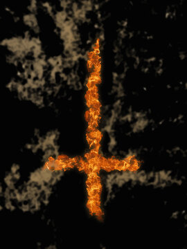 Inverted fiery cross on a dark background