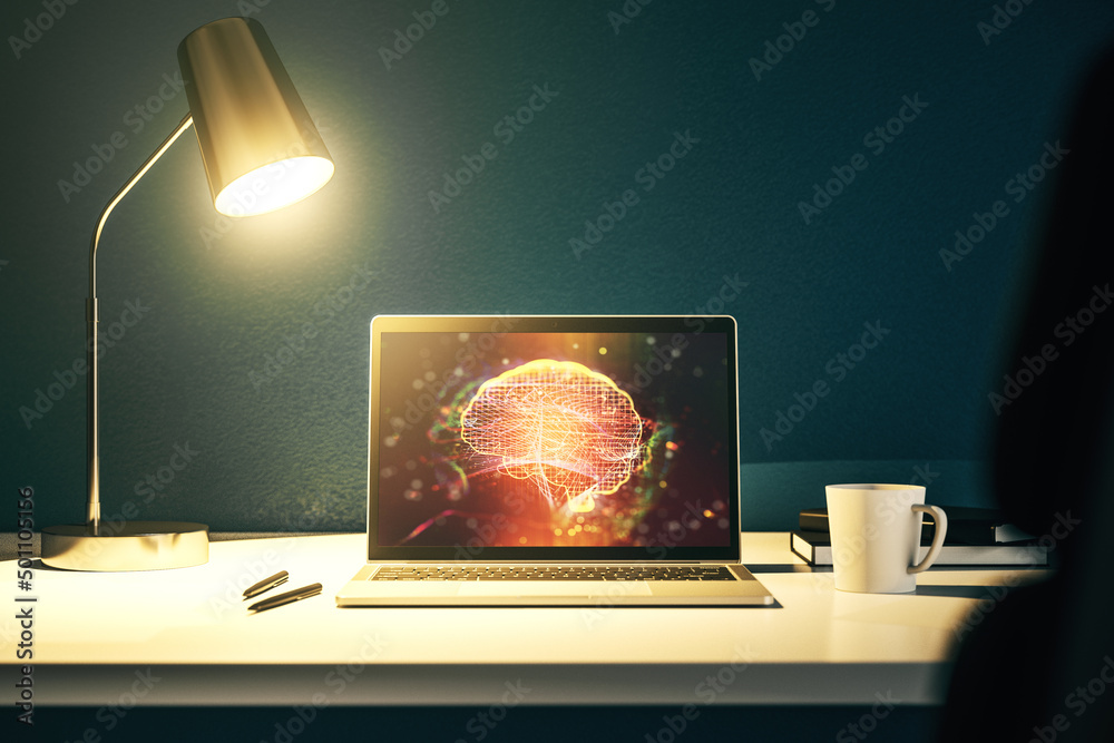 Aufkleber creative artificial intelligence concept with human brain hologram on modern laptop screen. 3d rende