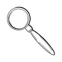 Magnifying glass icon in sketch doodle style. Magnifier search cartoon symbol. Vector hand drawn illustration isolated on white background