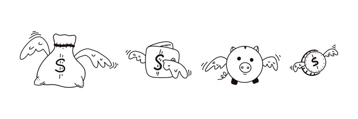 Doodle flying money icon collection. Funny piggy bunk, purse, bag and coin with wings in cartoon style. Black vector illustration isolated on white background