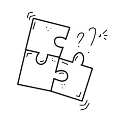 Doodle missing puzzle with question mark. Black vector illustration isolated on white background