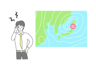 低気圧と頭痛のイメージ　男性イラスト