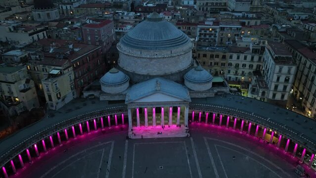 aerial view of Piazza del Plebiscito in Naples, Italy, at night, illuminated central square in Naples, famous tourist destination in southern Italy