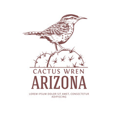 Vintage Logo with Cactus Wren. Arizona State Bird