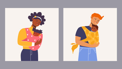 Young parents. Mom and baby in a sling. Dad with a baby in a sling. Vector illustration.