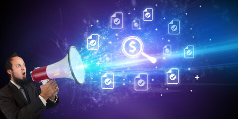 Young person with megaphone and business icon