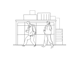 Businessman talking phone, student walking line vector illustration. City lifestyle concept