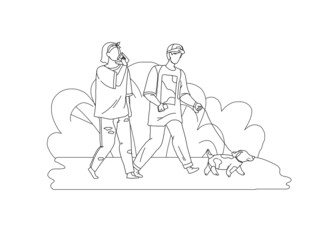 Man woman couple walking dog in park line vector illustration. Family recreation on weekend outdoors concept